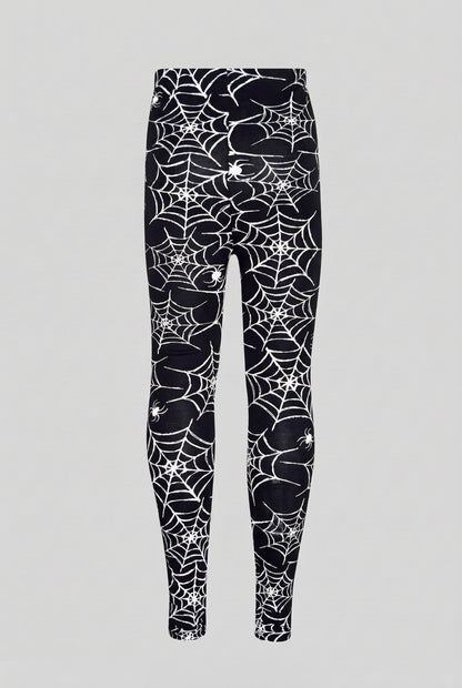 Kids Halloween spider web leggings in black with white web and spider print all over.