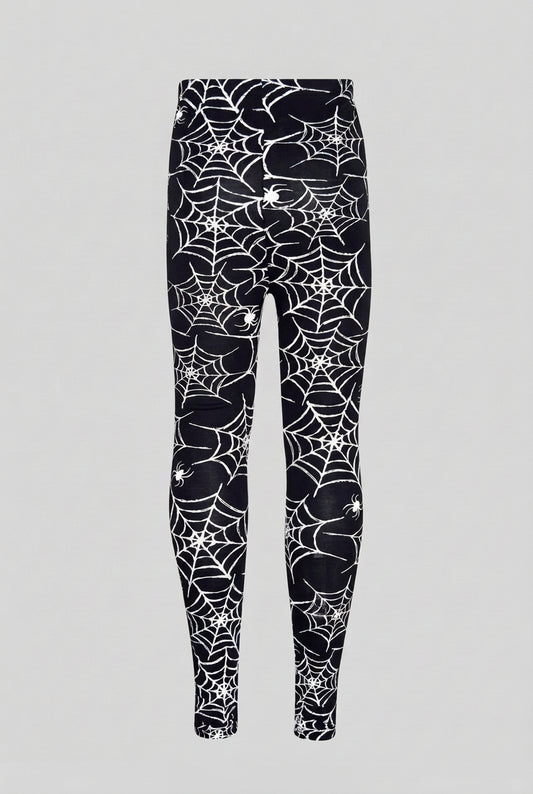 Kids Halloween spider web leggings in black with white web and spider print all over.