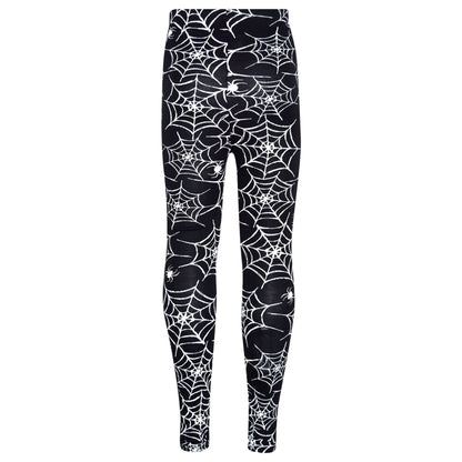 Kids Halloween spider web leggings, black with white spider web pattern and skinny fit.