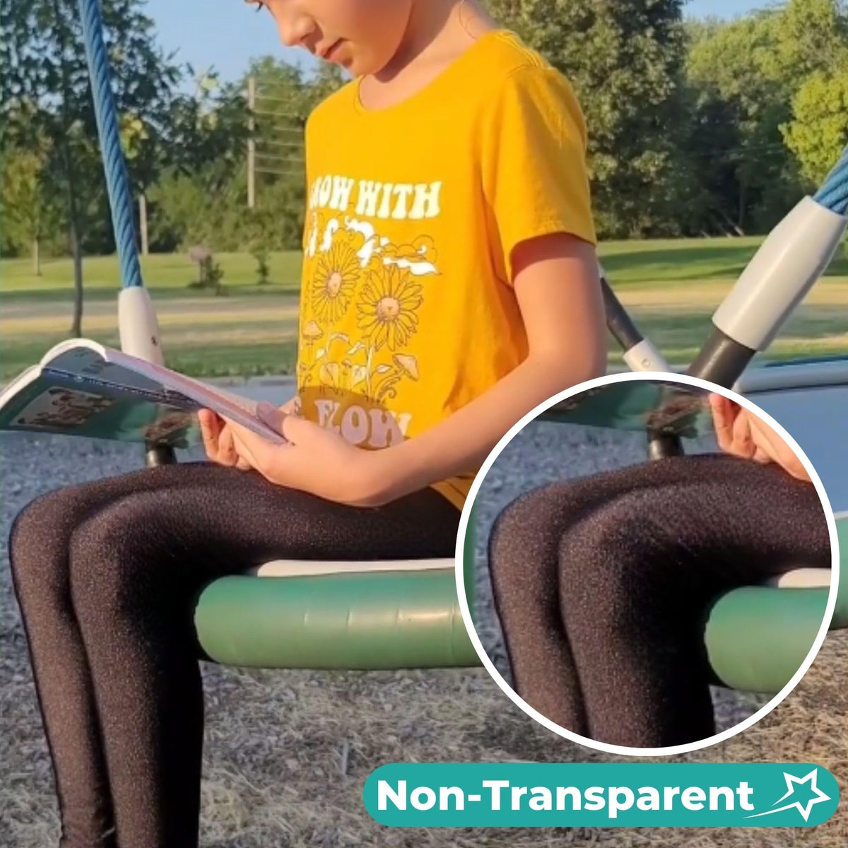Girls shiny stretch dance leggings, dark non-transparent fabric close-up