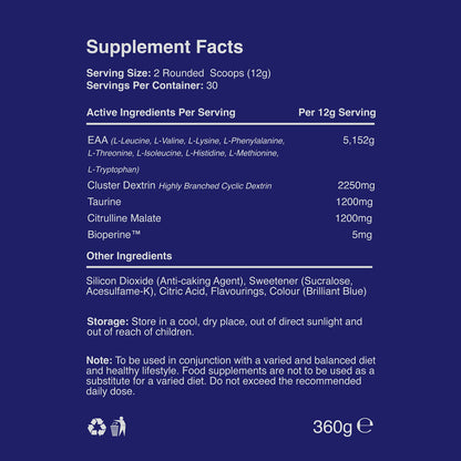 Warrior EAA - Essential Amino Acids - 360g - Provides Exceptional Support for Recovery & Muscle Soreness - Formula Includes Cyclic Dextrin, Taurine and More, Blue Raspberry