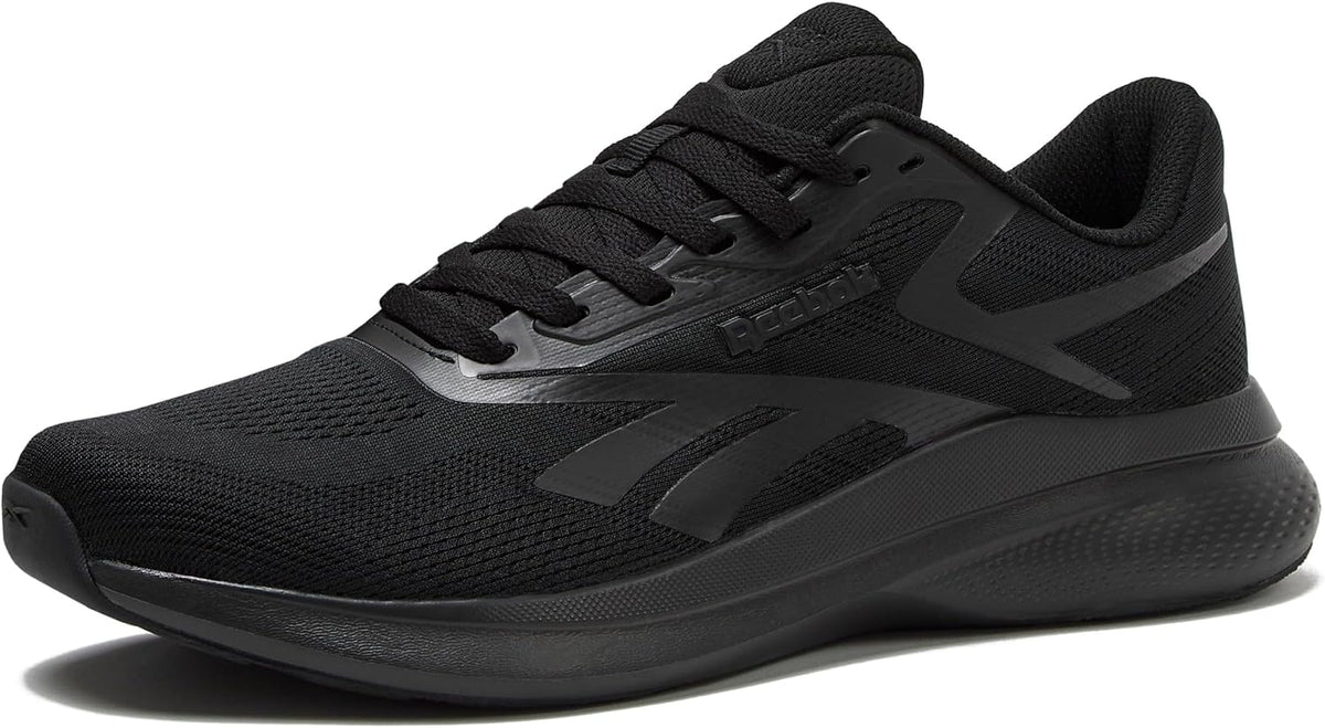 Men's running shoes with black mesh upper, dark gray accents, and black outsole