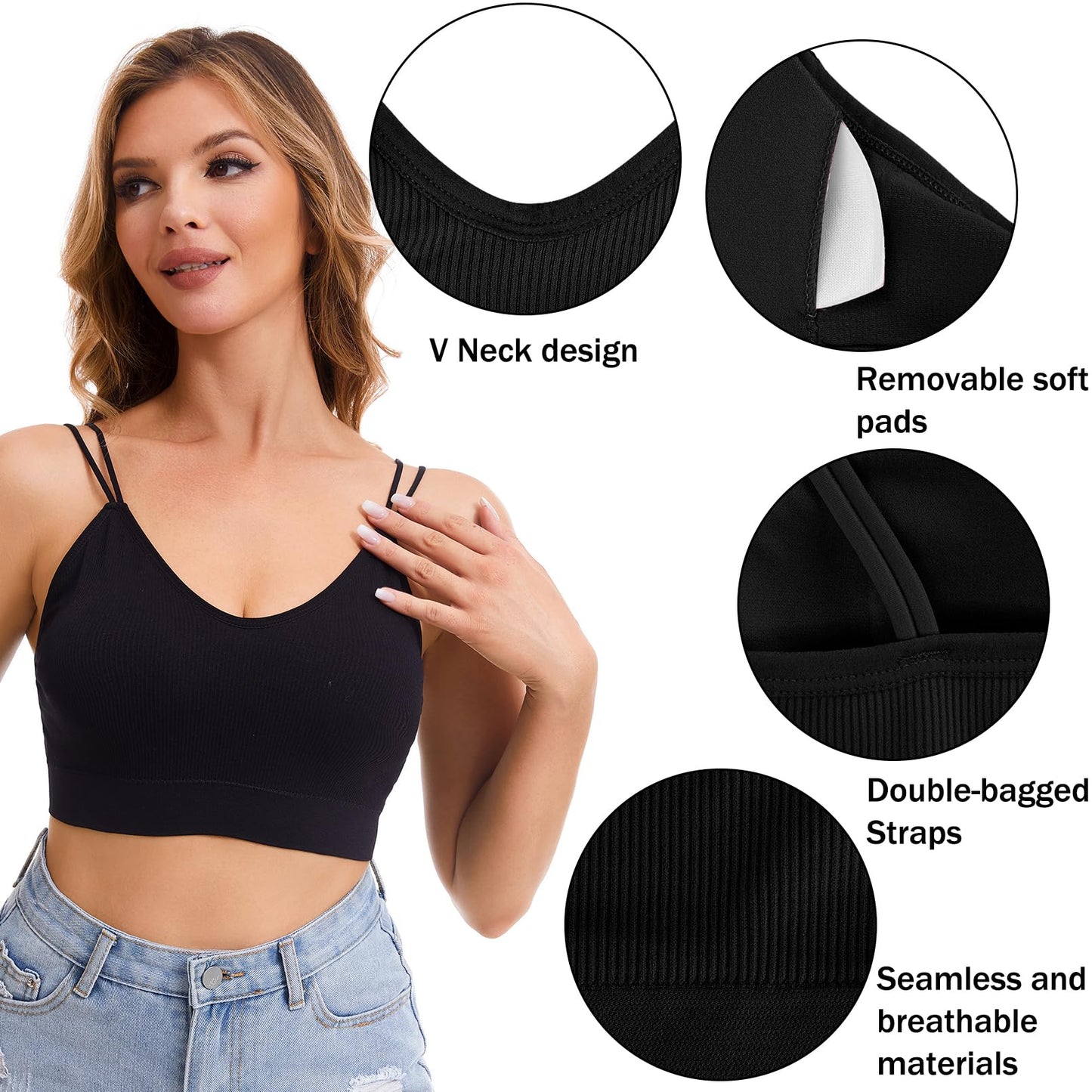 BQTQ 5 Pieces Camisole Bras for Women V Neck Camisole Bralettes Seamless Sleeping Bra with Straps and Removable Pads for Women Girls
