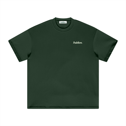 Dark green heavyweight crew-neck T-shirt with small chest logo, short sleeves