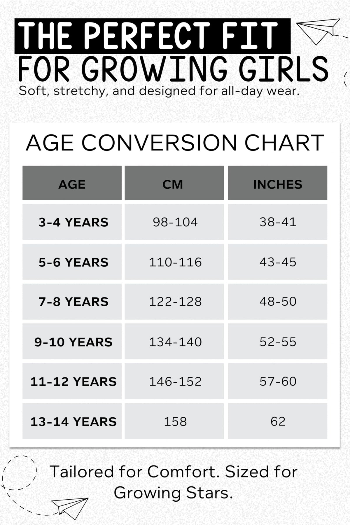 Girls leggings size chart showing age ranges with centimeters and inches.
