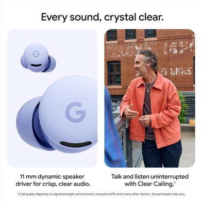 Pixel Buds 2a earbuds and a person wearing them outdoors