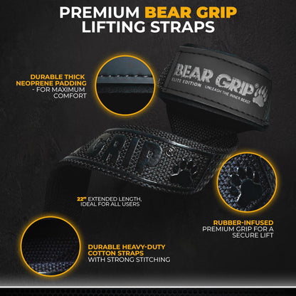 BEAR GRIP Straps - Premium Neoprene Padded Heavy Duty Double Stitched Weight Lifting Gym Straps