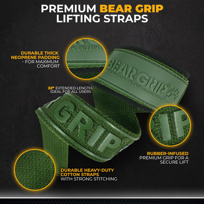 BEAR GRIP Straps - Premium Neoprene Padded Heavy Duty Double Stitched Weight Lifting Gym Straps