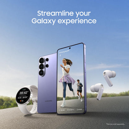 Purple Galaxy smartphone with wireless earbuds and smartwatch accessories