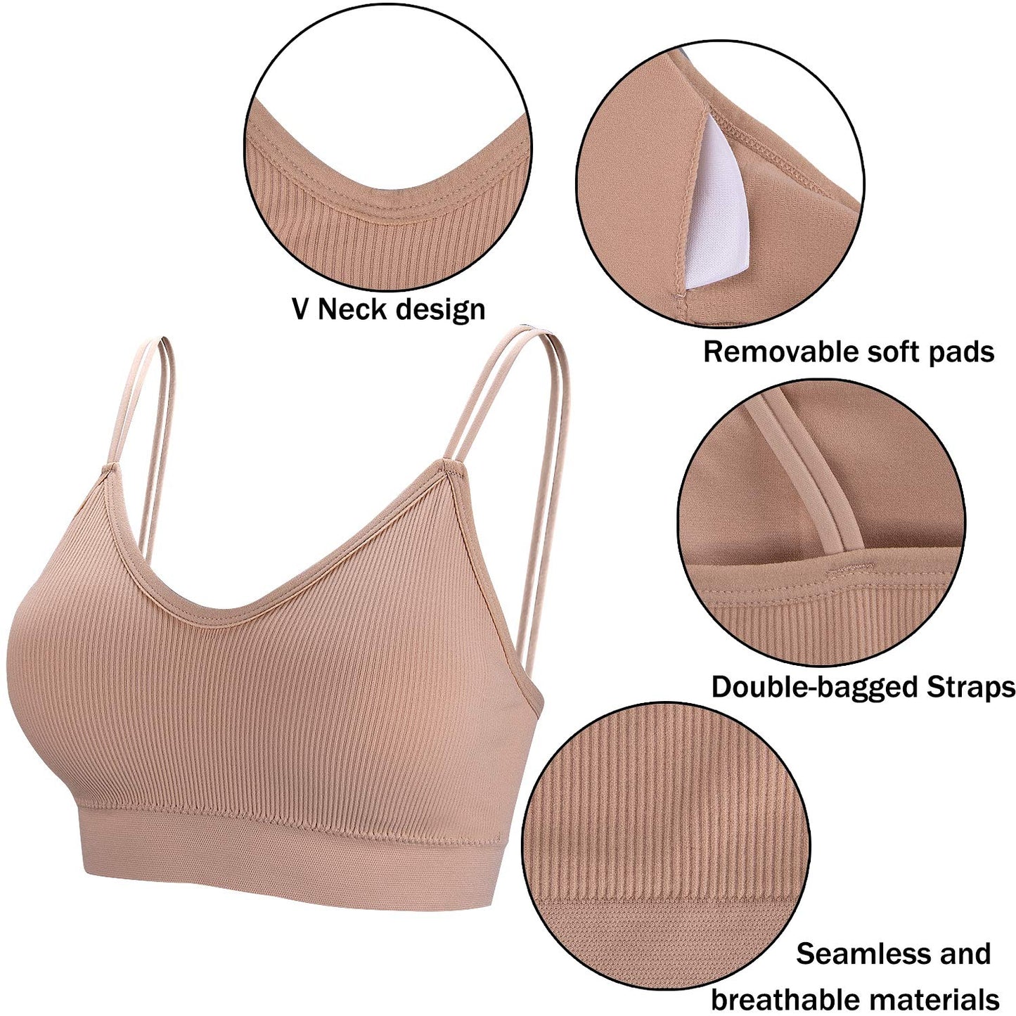 BQTQ 5 Pieces Camisole Bras for Women V Neck Camisole Bralettes Seamless Sleeping Bra with Straps and Removable Pads for Women Girls