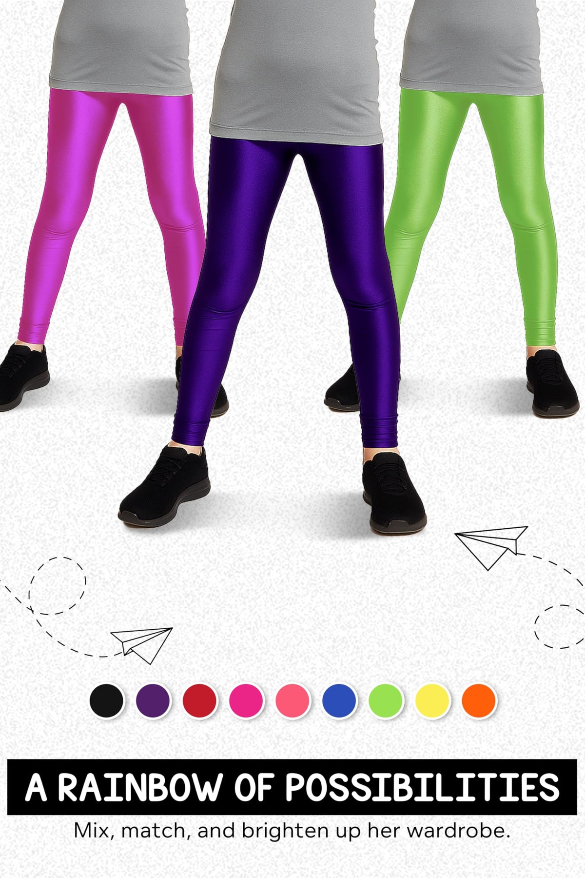 Girls shiny stretch leggings in purple, neon green, and hot pink with black cuffs.