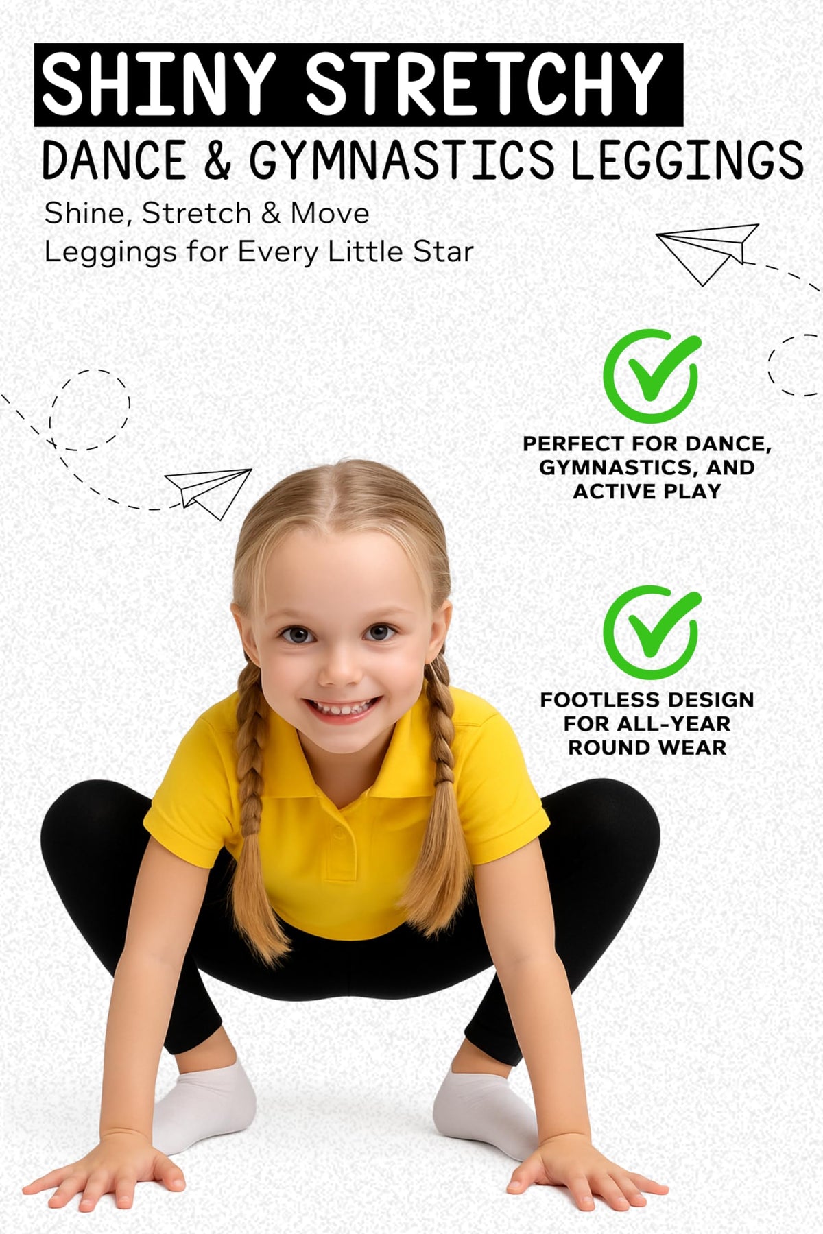 Girls shiny stretch dance leggings, black, front view