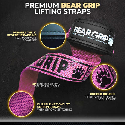 BEAR GRIP Straps - Premium Neoprene Padded Heavy Duty Double Stitched Weight Lifting Gym Straps