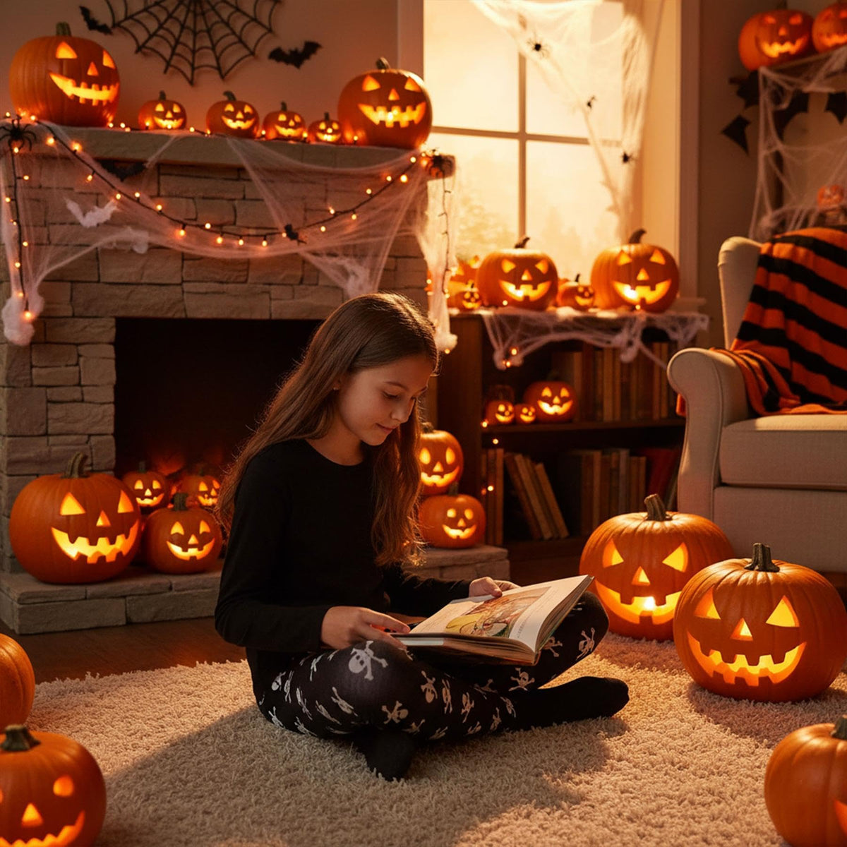 Child wearing Halloween leggings with colorful pumpkin skull print on black, seated