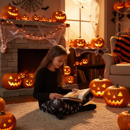 Child wearing Halloween leggings with colorful pumpkin skull print on black, seated