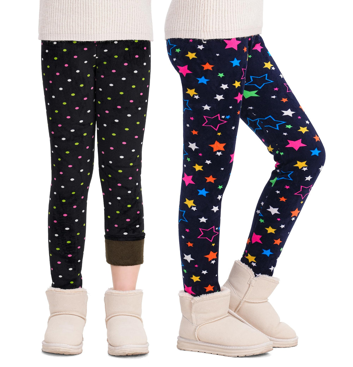 Girls thermal fleece-lined leggings, black with multicolor dot print and navy star print