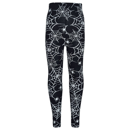 Kids black leggings with white spiderweb and skull print, straight-on view