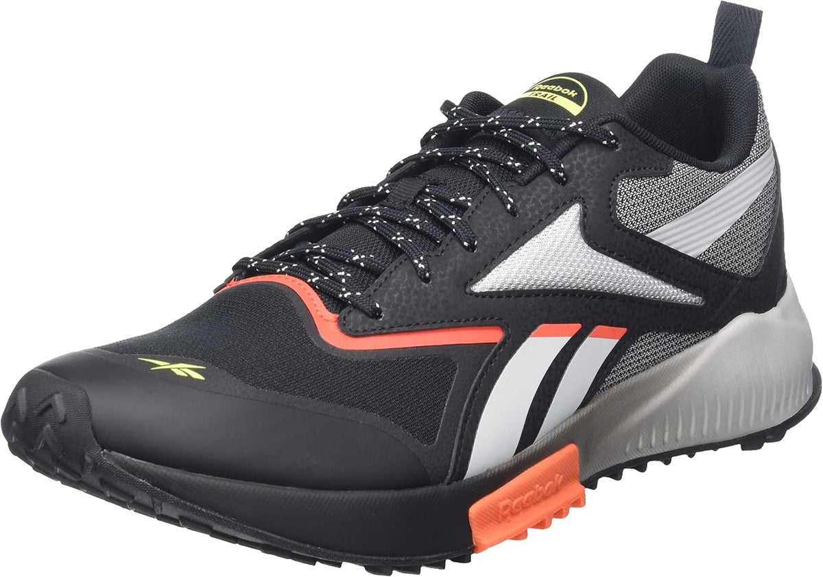 Reebok men's trail running shoe, black upper with lime logo and orange outsole