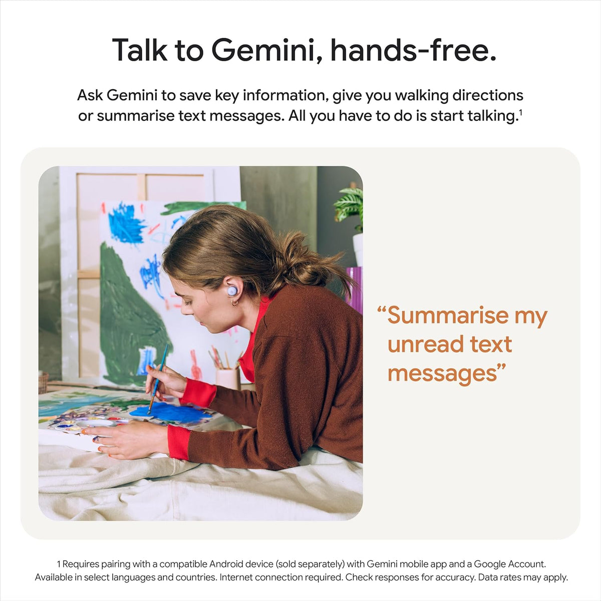 Smartphone used for hands-free voice assistant, shown with a person at a table.