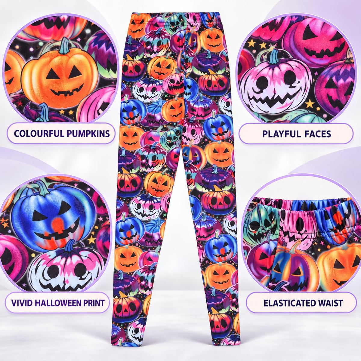 Close-up of kids Halloween leggings print with pumpkins, bats, and skulls; elastic waist