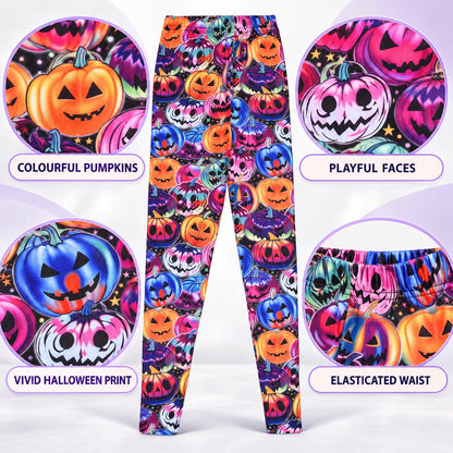 Halloween leggings flat lay with vivid pumpkin and skull print; elasticated waistband