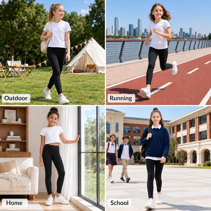 Black full-length girls leggings with stretch fit, worn with white sneakers.