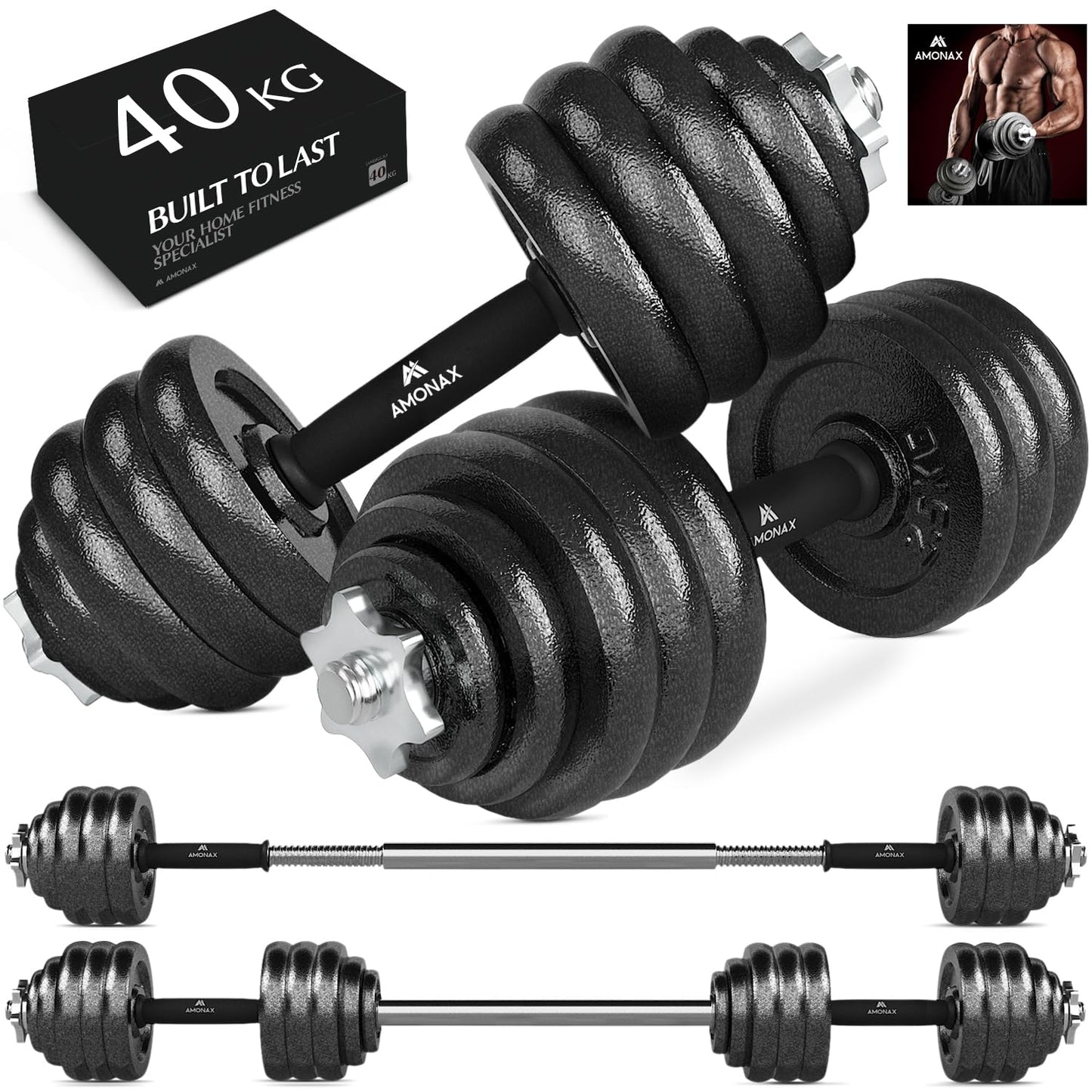 Amonax 20kg 30kg Cast Iron Adjustable Dumbbells Weight Set, Barbell Set Men Women, Strength Training Equipment Home Gym Fitness, Dumbell Pair Hand Weight, Bar Bells Free Weights for Weight Lifting