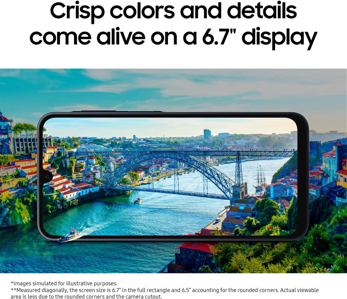 Samsung Galaxy A16 smartphone with scenic landscape on screen, 6.7-inch display.