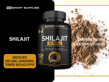 Shilajit Capsules 16,000mg -120 Days Supply - 60% Fulvic Acid - Added Ashwagandha, Lions Mane, Turmeric and Black Pepper - High Strength Himilayan Shalajit Resin