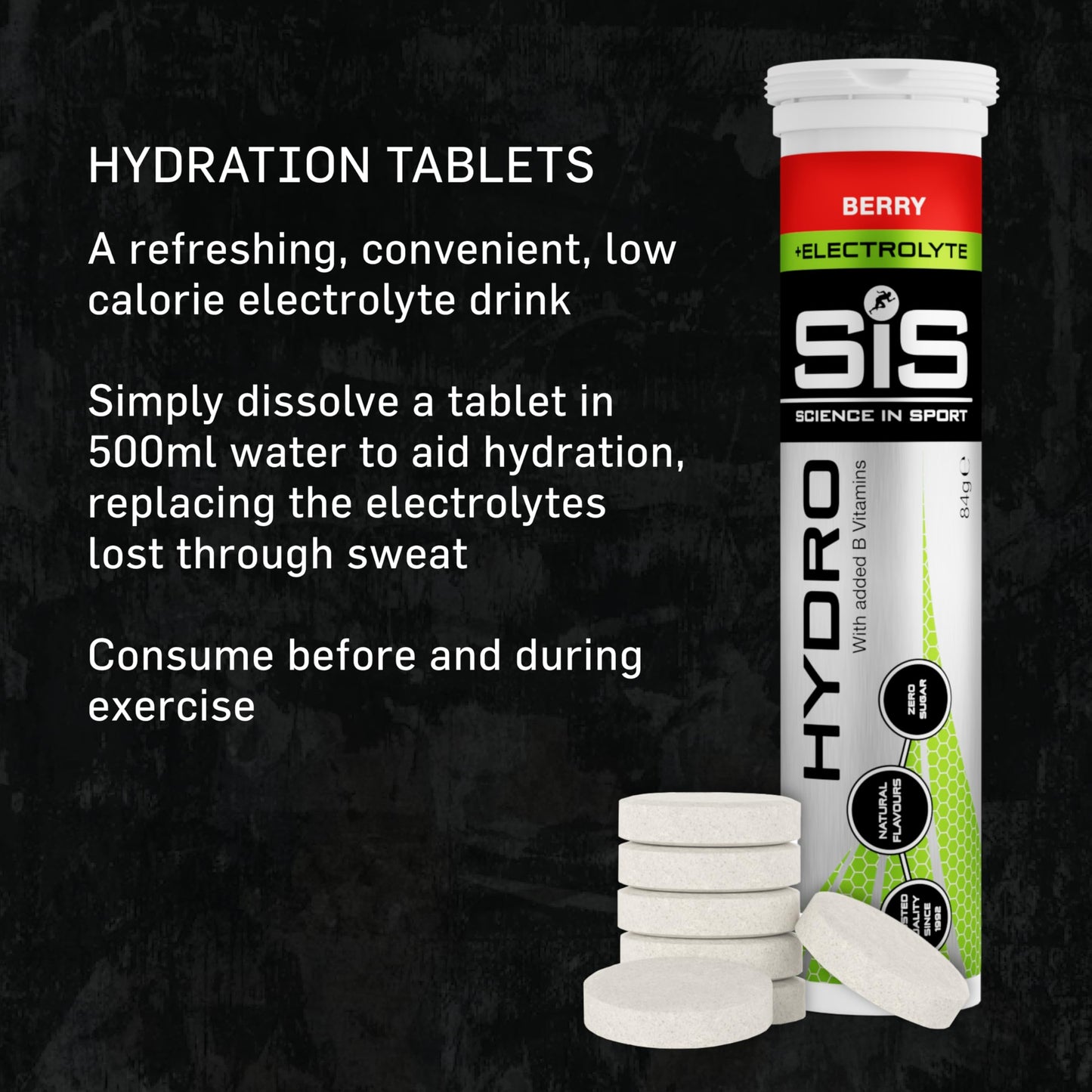 Science In Sport Hydro Hydration Tablets, Gluten-Free, Zero Sugar, Berry Flavour Plus Electrolytes, 20 Effervescent Tablets