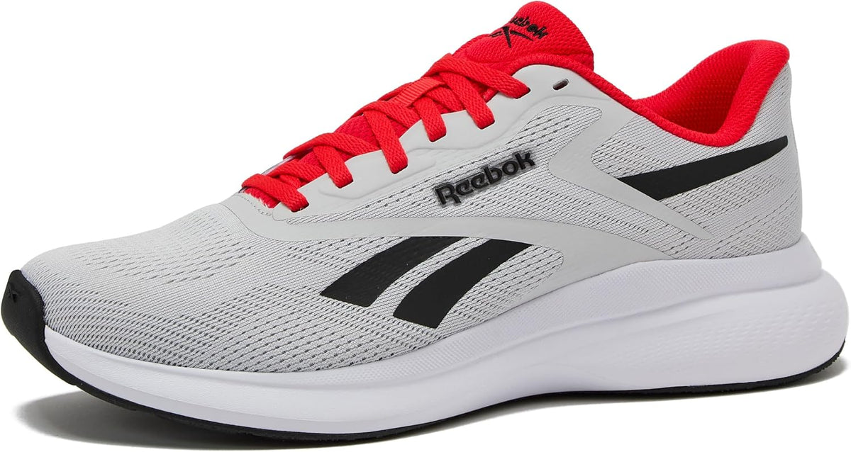 Men's running shoes with light gray mesh upper and red laces, black Reebok logo accents