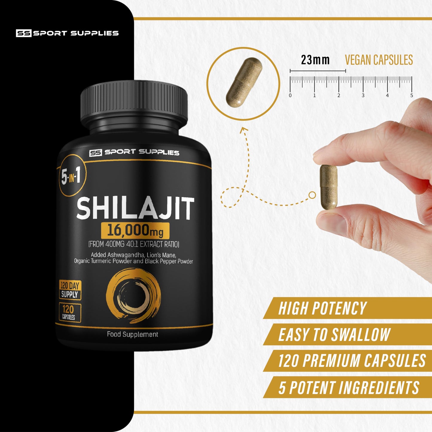 Shilajit Capsules 16,000mg -120 Days Supply - 60% Fulvic Acid - Added Ashwagandha, Lions Mane, Turmeric and Black Pepper - High Strength Himilayan Shalajit Resin