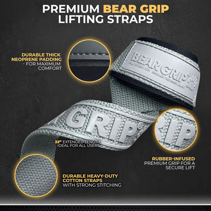 BEAR GRIP Straps - Premium Neoprene Padded Heavy Duty Double Stitched Weight Lifting Gym Straps