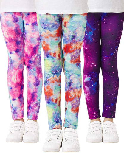 Girls' galaxy leggings 3-pack, featuring pink, aqua, and deep purple nebula patterns