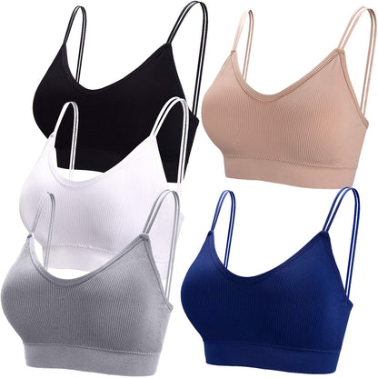 BQTQ 5 Pieces Camisole Bras for Women V Neck Camisole Bralettes Seamless Sleeping Bra with Straps and Removable Pads for Women Girls