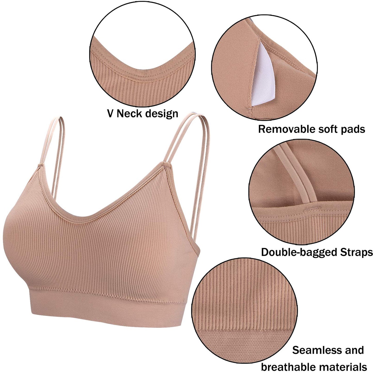 BQTQ 5 Pieces Camisole Bras for Women V Neck Camisole Bralettes Seamless Sleeping Bra with Straps and Removable Pads for Women Girls