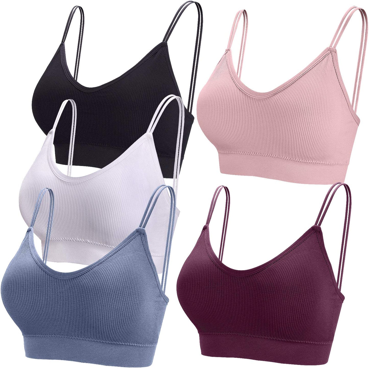BQTQ 5 Pieces Camisole Bras for Women V Neck Camisole Bralettes Seamless Sleeping Bra with Straps and Removable Pads for Women Girls