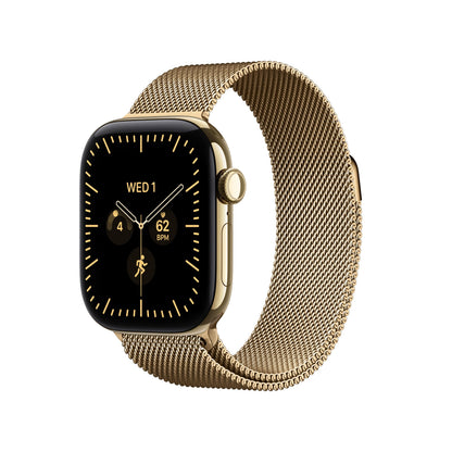 GPS smartwatch with black display and gold mesh metal band, side view