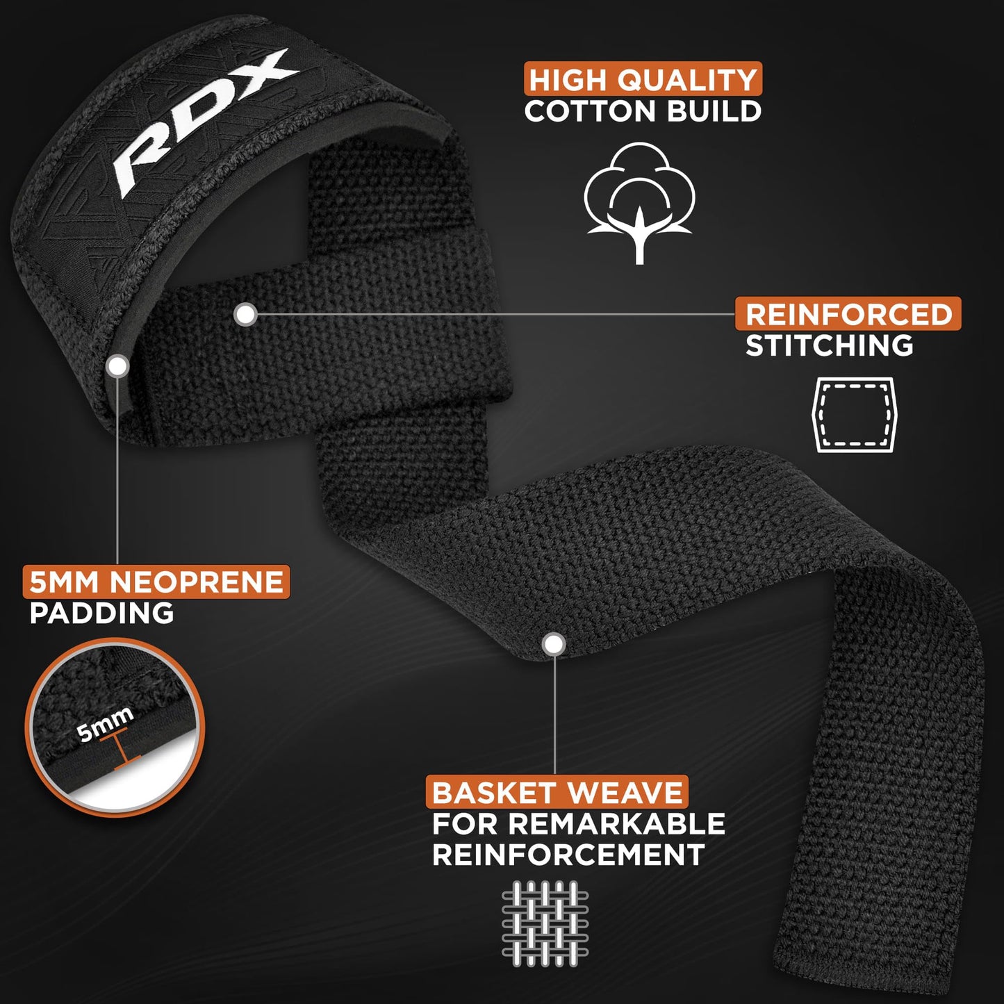 RDX Weight Lifting Straps Deadlifting Powerlifting, 5MM Neoprene Wrist Support, Anti Slip 60CM Hand Bar Grip, Heavy Duty Bodybuilding Weightlifting Workout, Soft Cotton, Strength Training Gym Fitness