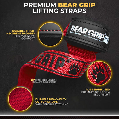 BEAR GRIP Straps - Premium Neoprene Padded Heavy Duty Double Stitched Weight Lifting Gym Straps