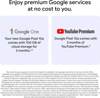 Unlocked 5G smartphone promotional cards for Google One and YouTube Premium