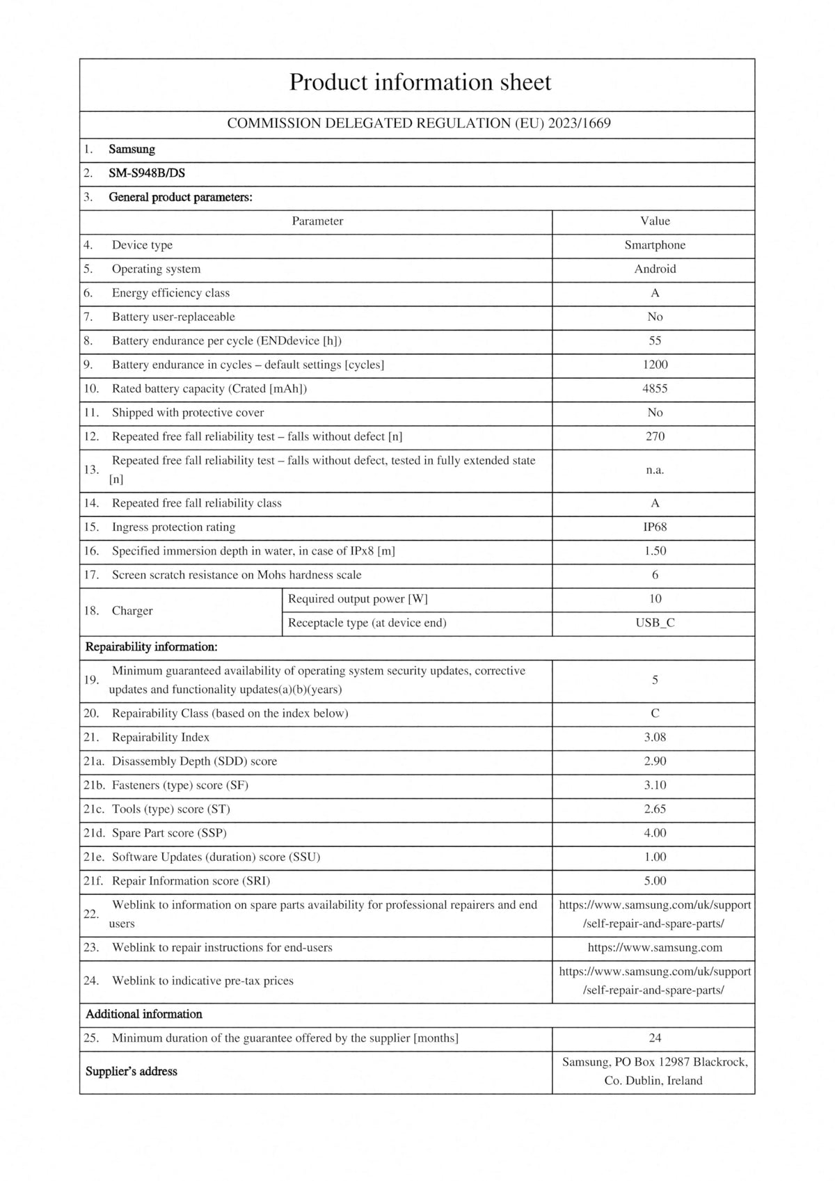 Product information sheet for Samsung Galaxy smartphone
