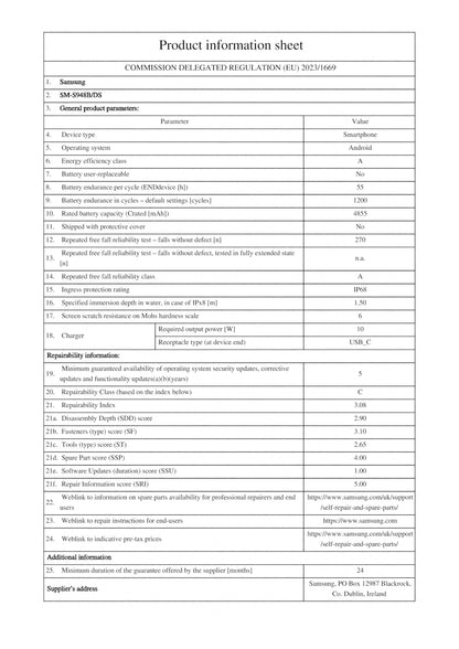 Product information sheet for Samsung Galaxy smartphone