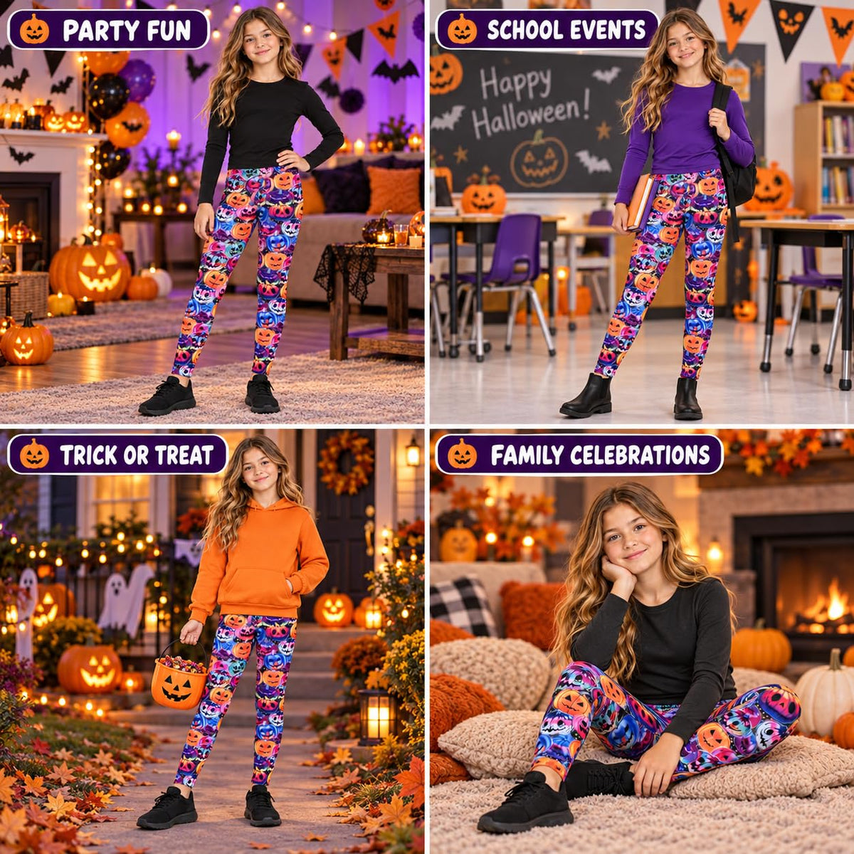 Kids Halloween leggings with colorful pumpkin and skull faces, stretch elastic waist