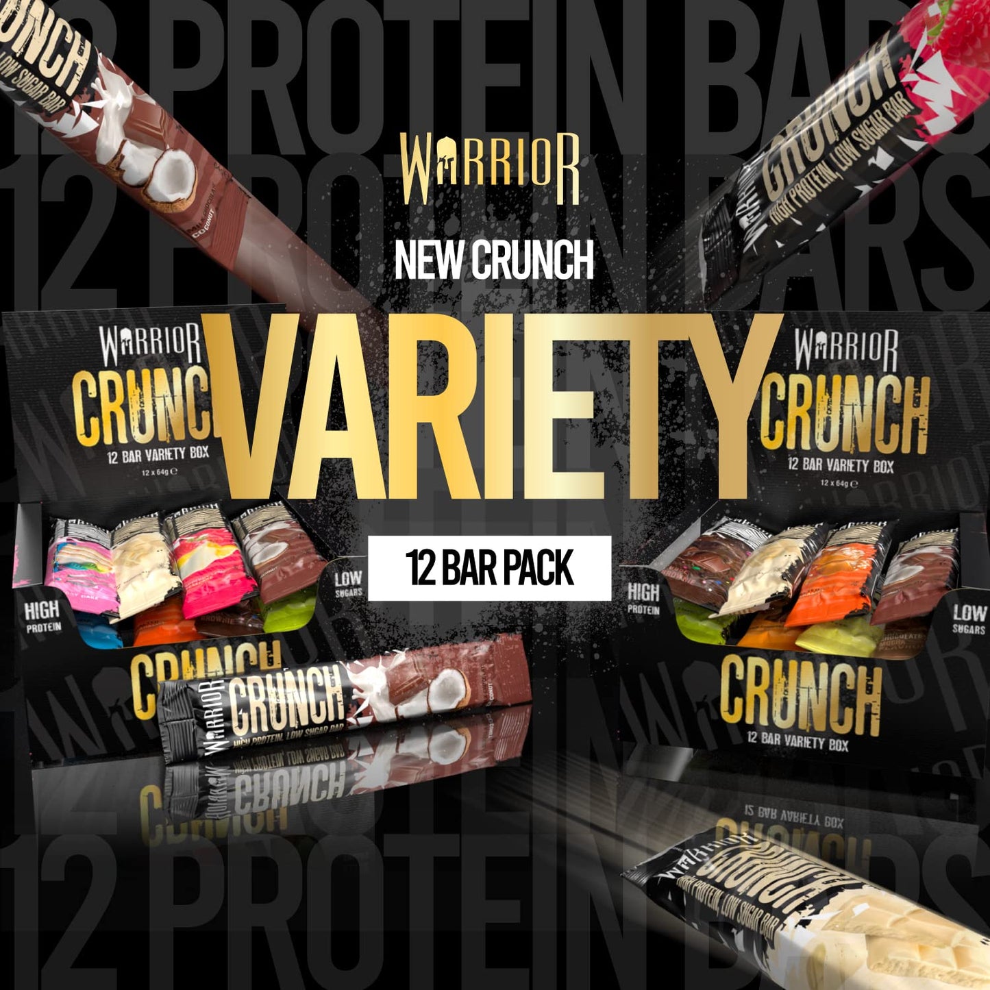 Warrior Crunch - High Protein Bars - 20g Protein Each Bar - Low Carb, Low Sugar Snack - 12 Pack x 64g (Variety Pack)