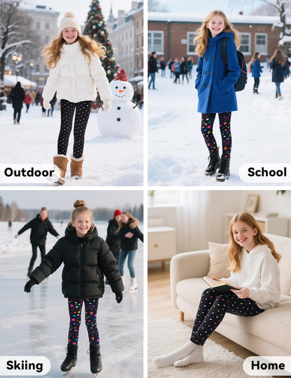 Girls wearing fleece-lined black star-and-dot leggings with colorful dot accents