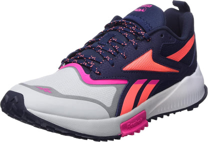 Men's trail running shoes, navy with white toe and orange/pink accents
