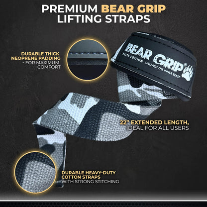 BEAR GRIP Straps - Premium Neoprene Padded Heavy Duty Double Stitched Weight Lifting Gym Straps