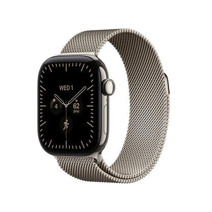 Smartwatch with black display and silver mesh metal band, side button visible