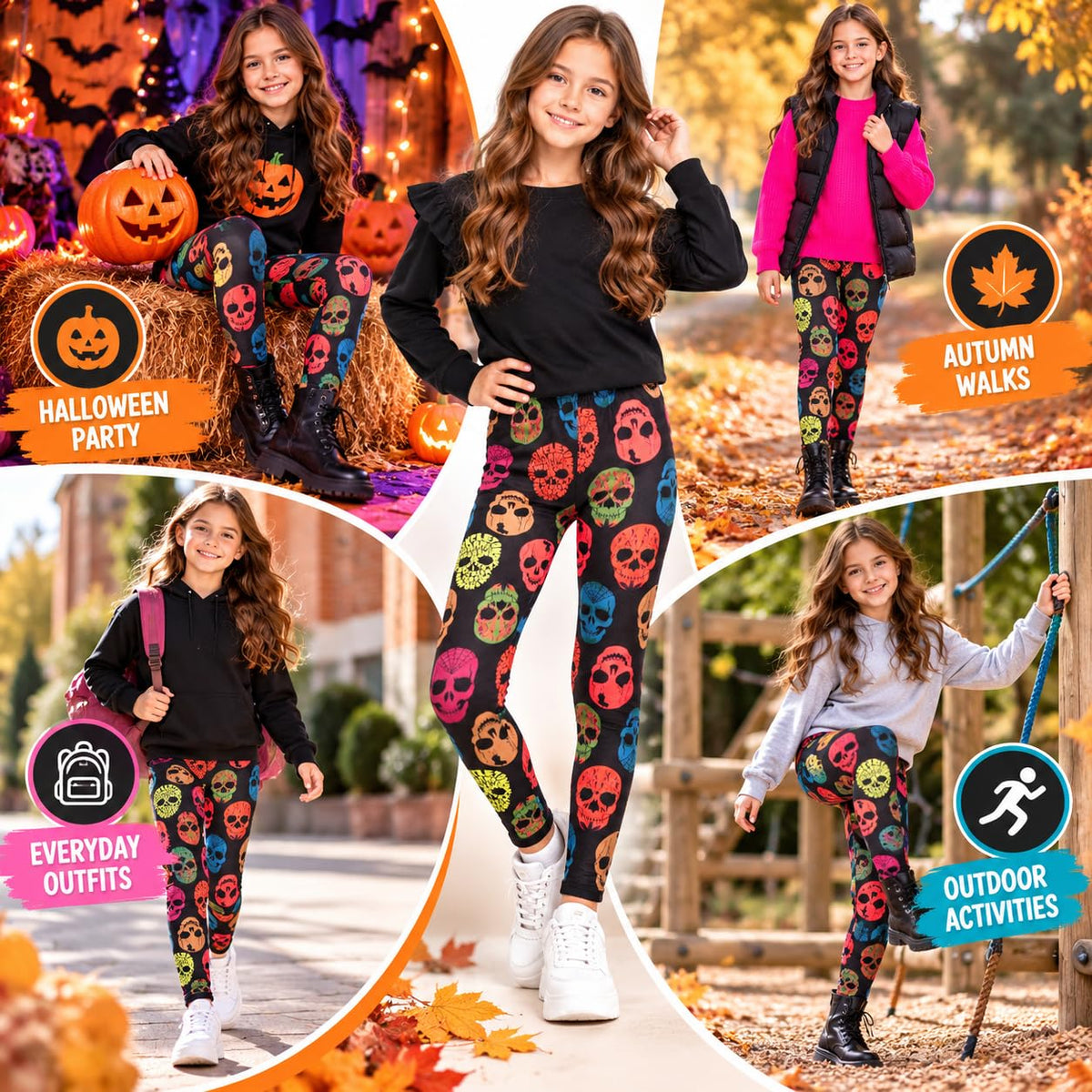 Girls Halloween leggings with colorful skull print, worn with casual tops